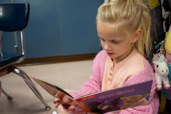 girl in pink shirt reading book